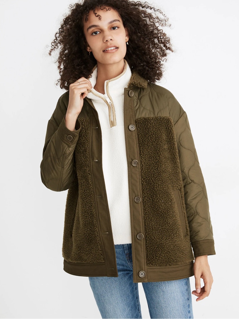 Madewell Olive Green Hybrid Sherpa Quilted Jacket